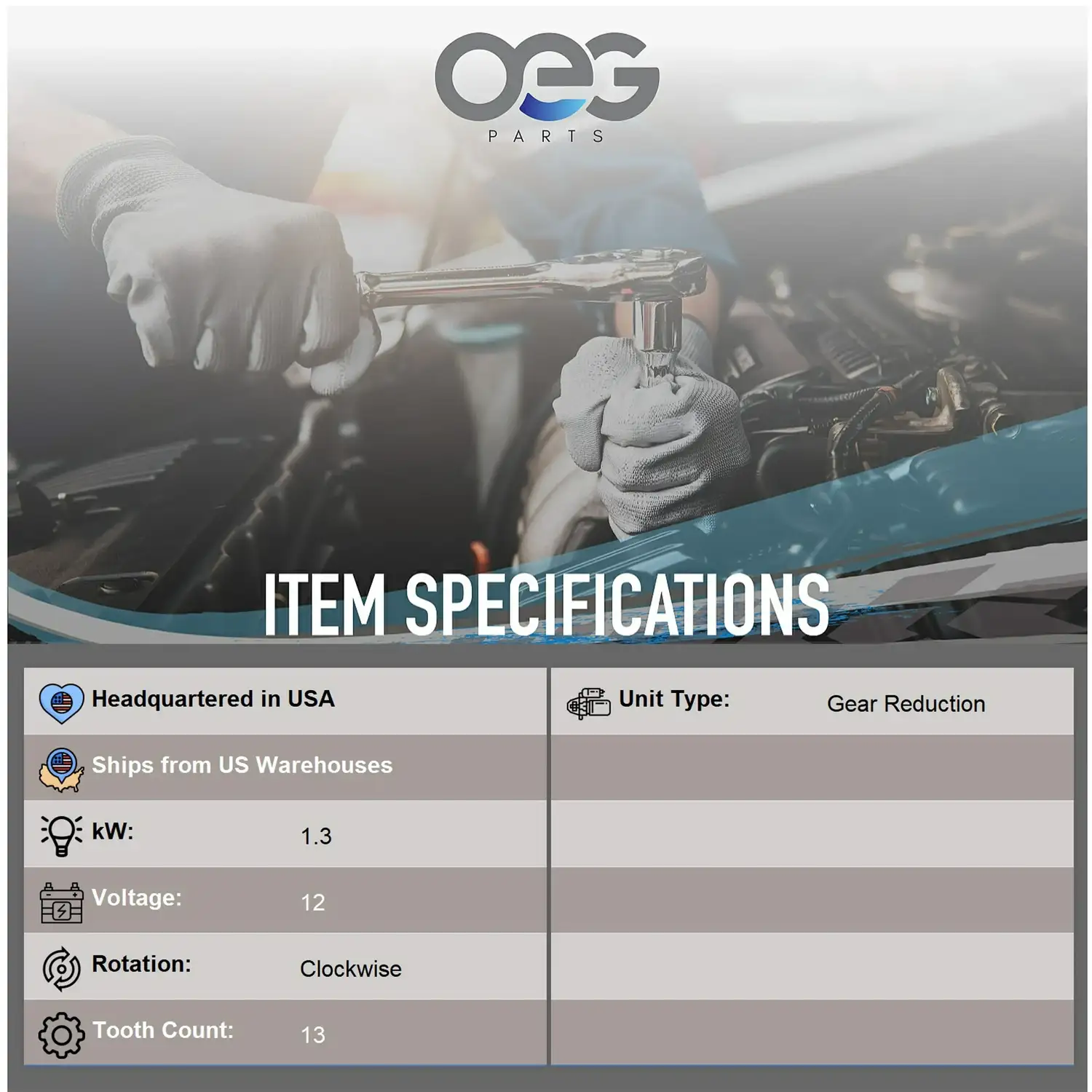 OEG Parts New 12V Starter Motor - Image 2